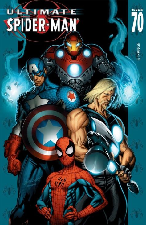 Ultimate Spider-man 70- Ultimates , Captain America, Thor, Iron Man All Spiderman, Mark Bagley, Ultimate Marvel, Ultimate Spider Man, Arte Dc Comics, Ultimate Spiderman, Marvel Comic Character, Jack Kirby, Spiderman Comic