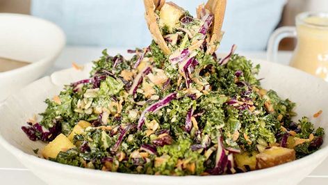 Tahini Slaw, Harvest Kale, Harvesting Kale, Tahini Dressing Recipe, Kale Slaw, Baking Cookbooks, Hgtv Star, Vegetarian Menu, Jillian Harris