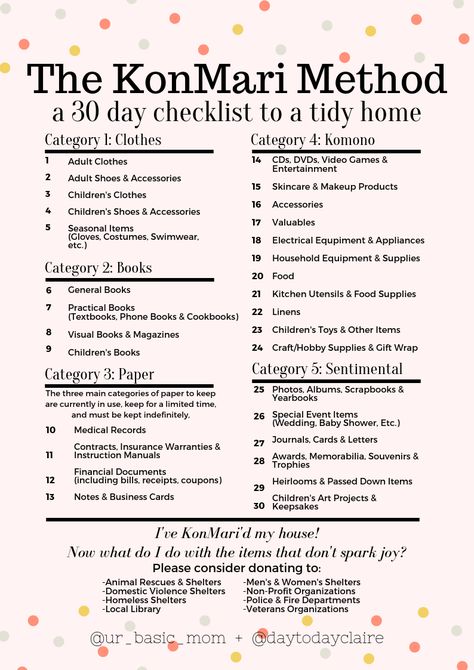 KonMari Method - declutter - simplify your home - simple living - minimalism - checklist to a tidy home - the life changing magic of tidying up Konmari Checklist, Marie Kondo Organizing, Oliver Smith, Declutter Home, Konmari Method, House Cleaning Checklist, Organisation Hacks, Household Cleaning Tips, Home Organisation