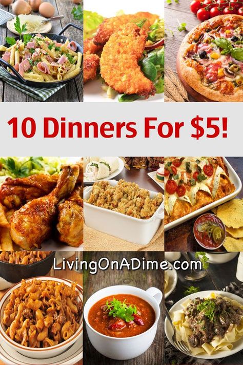 10 Dinners For $5 - Cheap Dinner Recipes And Ideas Dinners Cheap, Cheap Easy Meals, Dinner On A Budget, Inexpensive Meals, Cheap Dinner Recipes, 10 Dollars, Cheap Dinners, Cooking On A Budget, Frugal Meals