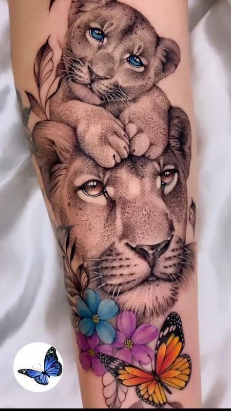 Flowers And Butterfly Tattoo, Lioness Tattoos, Lion And Lioness Tattoo, Lioness Tattoo Design, Tattoo Designs With Meaning, Designs With Meaning, Animal Tattoos For Women, Meaning Art, Cubs Tattoo