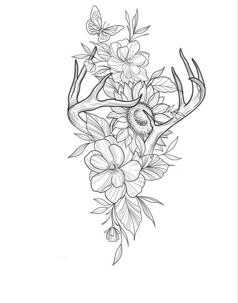 Flower Theme Tattoo, Country Hip Tattoos Women, Hip Sleeve Tattoo, How To Design A Tattoo Sleeve, Country Themed Tattoos For Women, Western Hip Tattoos Women, Elk Tattoo Feminine, Western Shoulder Tattoos For Women, Antler Tattoos For Women