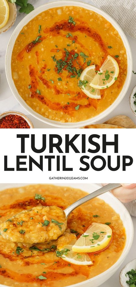 Spicy, vibrant, and loaded with flavor, this Turkish lentil soup will take your taste buds on vacation! It’s perfectly chunky, full of exotic vibe, and couldn’t be easier to prepare. The Best Lentil Soup, Turkish Red Lentil Soup Recipes, Golden Lentil Soup, Egyptian Lentil Soup, Turkish Soup Recipes, Lintel Soup Recipes Lentils, Turkish Lentil Soup, Orange Lentil Recipes, Lentil Recipes Soup