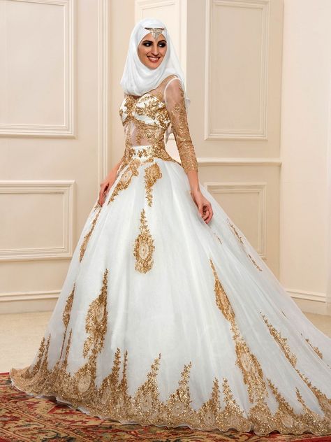 This Luxurious Muslim Wedding gown with gold sequins and long sleeves has a full skirt and would be beautiful and modest for your Islamic wedding Islamic Wedding Dress, Vestido Charro, Luxury Indian Wedding, Wedding Gowns Online, Hijab Wedding Dresses, Elegant Bridal Gown, Muslim Wedding Dress, Muslim Wedding Dresses, High Neck Wedding Dress