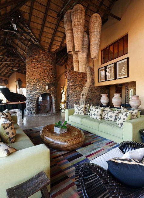 Escape to paradise at this heavenly South African game lodge Game Lodge Decor, Safari Style Interior, Safari Lodge Decor, African Lodge, Bush Lodge, African Interior Design, Lodge Design, Wall Color Combination, African House