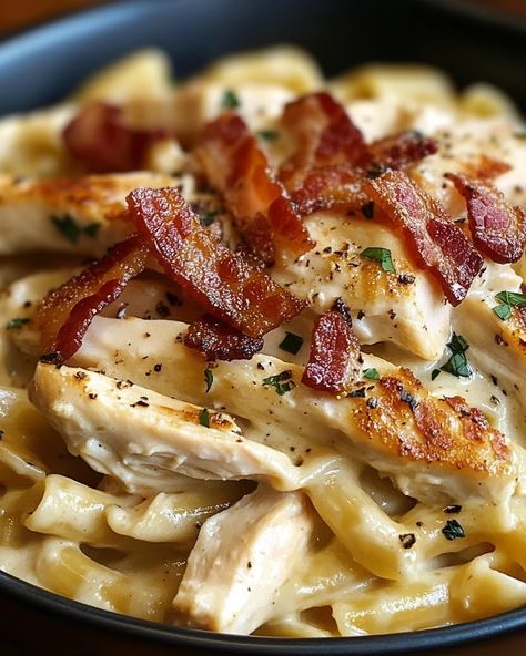 Savor the creamy magic of Chicken Bacon Alfredo Pasta—perfect for cozy date nights and comfort cravings! 😋🥓🍝 #ChickenAlfredo #BaconPasta #ComfortFood #DateNightDinners Chicken Bacon Alfredo Pasta, Bacon Alfredo Pasta, Alfredo With Bacon, Bacon Alfredo, Chicken Bacon Alfredo, Date Night Dinners, Bacon Pasta, Alfredo Pasta, Chicken Alfredo