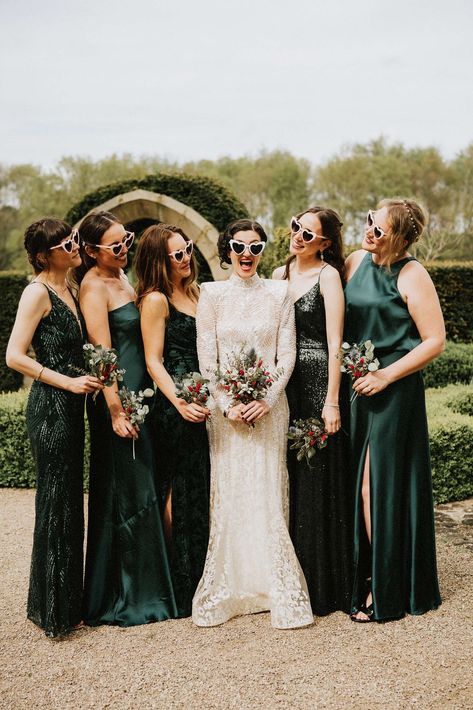 Mismatched Emerald Bridesmaid Dresses, Mismatched Green Bridesmaid Dresses, Bridesmaid Color Palette, Emerald Green Bridesmaid Dresses, Emerald Bridesmaid Dresses, Bridesmaid Ideas, Emerald Green Weddings, Colorful Cocktails, Bridesmaid Colors