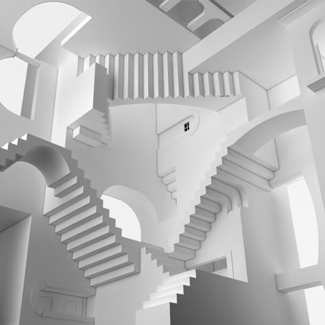 Escher / Relativity on Behance Mc Escher Architecture, Escher Stairs Illustration, Escher Stairs Tattoo, Escher Architecture, Infinity Stairs, Mc Escher Stairs, Esher Art, Human Figure Drawings, Illusion Architecture