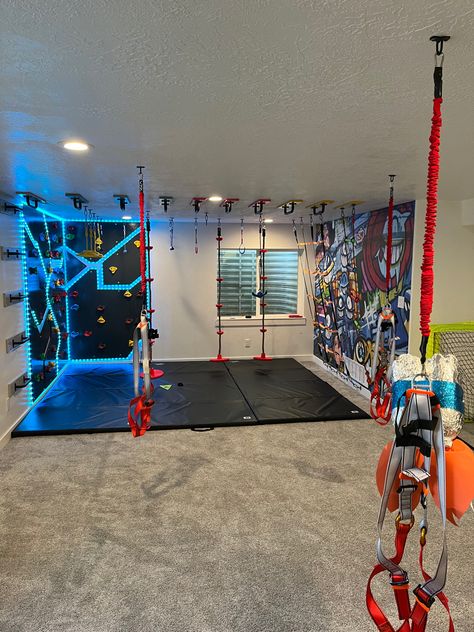 Basement Ninja Gym, Indoor Home Jungle Gym, At Home Jungle Gym, Large Motor Playroom, Bedroom Jungle Gym, Swings In Basement, Jungle Gym Basement, Garage Sensory Room, Diy Indoor Jungle Gym