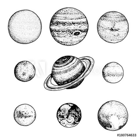 Planets Tattoo Simple, Drawing Planets, Mercury Drawing, Planets In Solar System, Sketch Moon, Pluto Planet, Venus Jupiter, Mercury Planet, Moon And The Sun