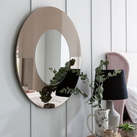 Pilton Mirror - The nude tones of the tinted glass border make this fashionable mirror ideal for use in rooms with either a neutral or grey colour palette. This truly individual mirror is expertly hand finished to the highest quality. Extra Large Wall Mirrors, Lounge Interiors, Bronze Mirror, Gray Mirror, Large Wall Mirror, Mirror With Shelf, Grey Color Palette, Round Mirrors, Colour Palette