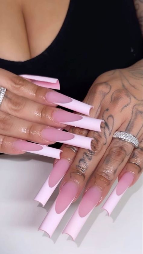 Long Tapered Square Nails Pink, Cute Long French Tip Nails, Xl French Tip Acrylic Nails, Medium Long Acrylic Nails Square, Extra Long Acrylic Nails Square, Pink Nail Sets Long, Long Pink French Tip Nails, Pink Birthday Acrylic Nails, Simple Long Nails Ideas