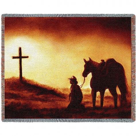 "Reverence Western Cross" Woven Blanket - American Expedition Cowboy Prayer, Pure Country, Western Bedroom Decor, Cowboy Pictures, Real Cowboys, Western Cross, Western Paintings, Afghan Throw Blanket, Cowboy Horse