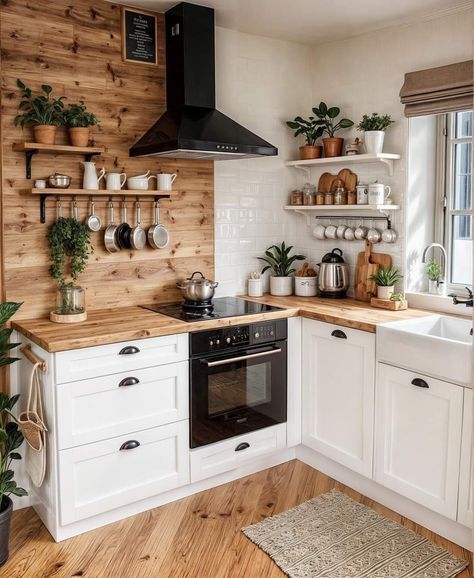 Cosy Kitchen, Small Kitchen Decor, House Design Kitchen, Cozy Kitchen, Kitchen Inspiration Design, Tiny Kitchen, Farmhouse Kitchen Decor, Wooden Shelves, Rustic Kitchen