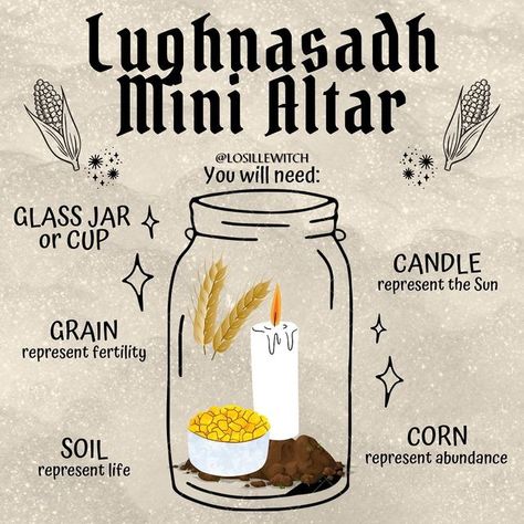 Losille’s Coven | Lucia Quinto on Instagram: "Lughnasadh Mini Altar 🌽🌾🌻🔥✨ The first of the three Harvest Sabbats. Give thanks for the first corn and grain of the season. It’s an incredibly joyful, festive time to celebrate the first harvest. This is a great time for coming together, to celebrate life and abundance! If you have limited space to build a seasonal altar, you are on a budget or you live with others who are not aware of or do not support your spiritual practice, there is still a g Harvest Moon Ritual, Lughnasadh Altar, Content Graphic Design, Ritual Spells, Wicca Holidays, Fill The Jar, Mini Altar, Wiccan Magic, Witch Spirituality