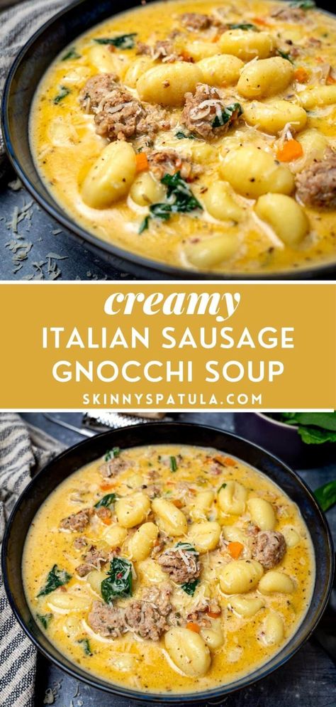 Ham Entree Recipes, New Soul Kitchen Recipes, Gnocchi And Spinach Soup, Sausage Pepper Gnocchi, Spicy Gnocchi Soup, Soups Using Italian Sausage, January Soup Recipes, Gnocchi Recipes With Italian Sausage, Sausage Gnocci Meals