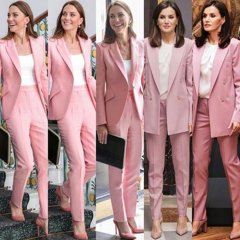 Dreamslink Joydaily on Instagram: "#fashion Catherine The Princess of Wales and Queen Letizia of Spain 🇪🇸 Looked Elegant in Pink Pantsuit. Catherine the Duchess of Cambridge in Alexander McQueen Ice Pink PantSuit with Emmy London Rebecca Makeup Suede Pumps. Queen Letizia Hugo Boss Jericoa Stretch Wool Double Breasted Blazer in Petal Pink and Hugo Boss Tiluna1 Stretch Wool Twill Cropped Trousers in Petal Pink with her Carolina Herrera White Cap Sleeve Silk Blouse and Hugo Boss Mayfair Pumps in Pink Pantsuit, Pink Pants Outfit, Hot Pant, Vogue Spain, Letizia Of Spain, Pant Suits, Pink Suit, White Caps, Pink Coat