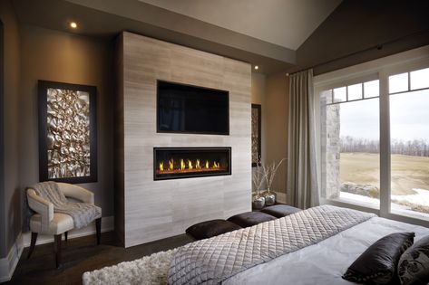 Contemporary bedroom setting with Vector linear gas fireplace by Napoleon.  Available in 4 widths to fit any wall.  Create the perfect master bedroom retreat with a fireplace. #FireplacePro #Napoleonfirepace #gasfireplace #fireplace #houseideas #masterbedroom #bedroom Bedroom Gas Fireplace, Napoleon Fireplace, Contemporary Bedroom Sets, Fireplaces For Sale, Direct Vent Fireplace, Direct Vent Gas Fireplace, Modern Appartement, Linear Fireplace, Living Tv