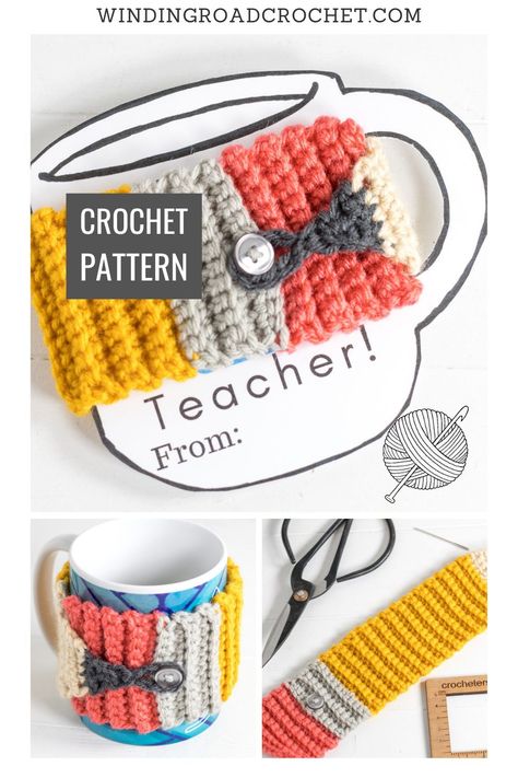 Crochet Pencil Cup Cozy, Crochet Bus Driver Gift, Teacher Crochet Patterns, Crochet For Classroom, Crochet For Teachers Gift, Teacher Crochet Gifts, Crochet Teacher Gifts Free Pattern, Pencil Scarf, Pencil Crochet