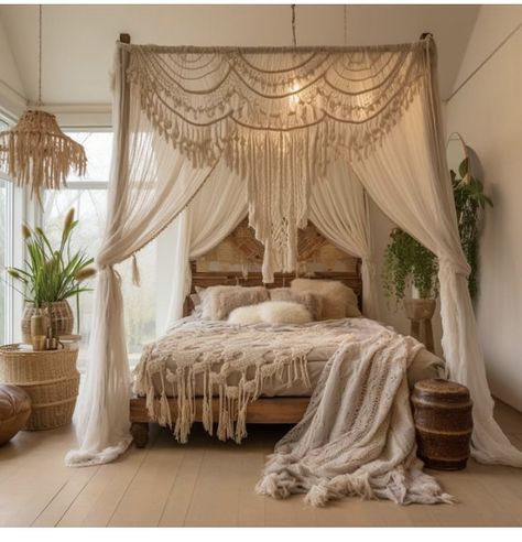 Rustic Canopy Bed Ideas, Floating Bed With Curtains, Gray Bohemian Bedroom, Boho Luxe Bedroom, Macrame Bed Canopy, Luxe Bedroom Decor, Bedroom Ideas For Couples Cozy, Bedroom Decor Master For Couples, Bedroom Decor For Couples Romantic