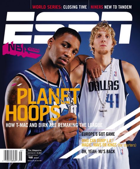 ESPN Magazine cover November 12, 2001 Dirk Nowitzki, Dallas Mavericks & T-Mac #Dallas #Mavericks #Mavs #DallasMavericks #MFFL #NBA Sports Magazine Covers, Dallas Basketball, Slam Magazine, Skate Fits, Espn Magazine, Trending Adidas, Dirk Nowitzki, Ball Aesthetic, Nfl 49ers