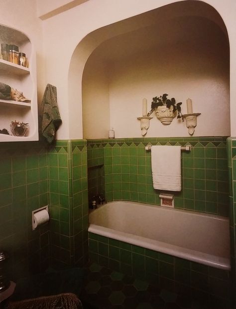 Bungalow bathroom. Arched niche tiled tub. Spanish Revival Bathroom, Arched Niche, Tiled Tub, Edwardian Bathroom, Bungalow Bathroom, Dark Green Bathrooms, Guest Bathroom Remodel, Tub Tile, Bathroom Tub