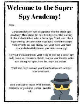 Welcome to the Super Spy Academy! This fun freebie has 5 days of activities for use in the classroom or at home that will prepare your little spy for the field. We'll cover code names, secret messages, code-breaking, fingerprinting, and the final exam - a laser maze. This packet is print and go - yo... Spy Code Names, Secret Agent Activities For Kids, Spy Activities For Kids, Secret Agent Games, Spy Camp, Name Games For Kids, Spy Activities, Laser Maze, Spy Names