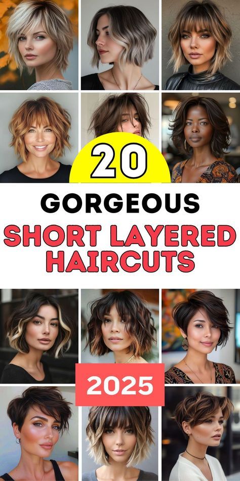 Cute Haircut For Women, Short Hair Bangs And Layers, Shoulder Length Hair Curly Layers, Funky Shoulder Length Hairstyles, Layered Short Haircuts For Women, Hair Cuts For 2024 For Women, Haircuts Short Layers, Hair Styles For Short Hair And Bangs, Short Curly Haircut Women