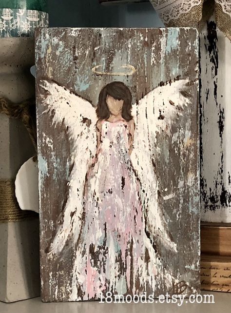 How To Paint Angels, Painted Angels, Angel Wings Painting, Angel Paintings, Painted Wall Decor, Angel Wings Art, Angel Wall Art, Angel Artwork, Saw Tooth