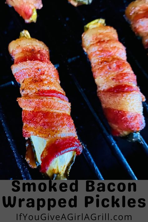 bacon wrapped pickles on the smoker Smoked Stuffed Pickles, Smoked Pickle Poppers, Halloween Smoker Recipes, Bacon Wrapped Pickles On Smoker, Bacon Wrapped Jalapenos In Smoker, Smoker Christmas Recipes, Smoker Recipes Appetizers, Smoked Food Recipes Appetizers, Smoked Bacon Wrapped Pickles