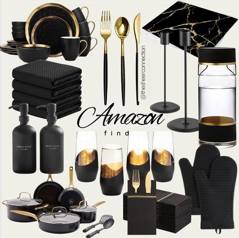 Black and gold kitchen favorites on Amazon #founditonamazon #blackandgold Matte Black And Gold Kitchen, Black Gold Decor, Amazon Kitchen Decor, Black Kitchen Accessories, Black And Gold Kitchen, Apartment Decorating For Couples, Black Kitchen Decor, Black Living Room Decor, Kitchen Favorites