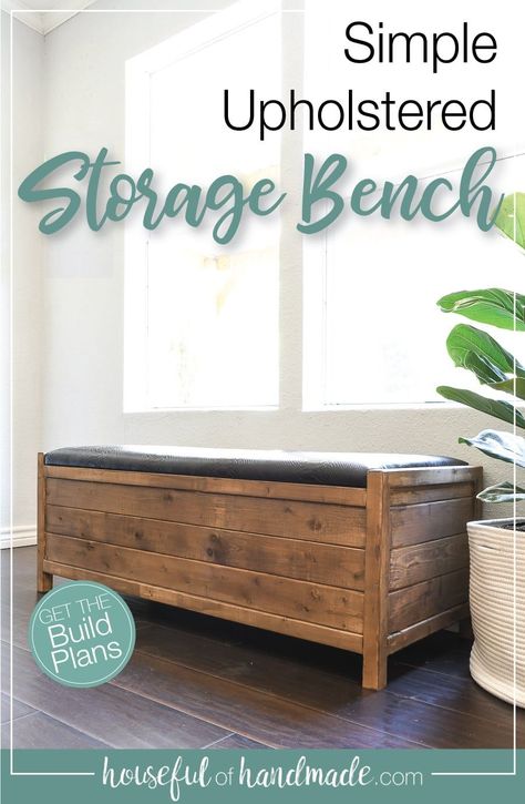 Build this easy storage bench with a simple upholstered top with these free woodworking plans. The simple design is perfect to use anywhere you need to add extra storage to you home. Housefulofhandmade.com Build A Storage Bench, Bed Bench Storage, Diy Storage Ottoman, Wooden Storage Bench, Diy Storage Bench, Storage Bench Seating, Storage Bench Bedroom, Woodworking Bench Plans, Wood Storage Bench