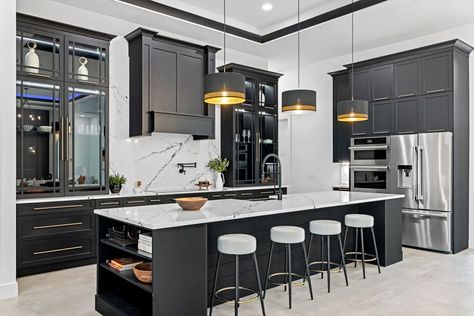 Oakleigh™ Modern Black Countertops Kitchen, Charcoal Cabinets White Countertops, Black Cabinets Quartz Countertops, Black Transitional Kitchen, Black White And Gray Kitchen Ideas, Black Condo Kitchen, Down Home Fab Kitchen, Black And White Open Concept, Black Cabinet With Black Hardware