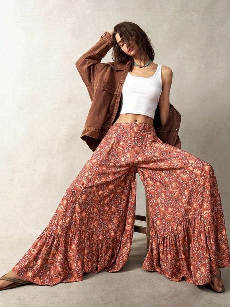 Frauen Urlaub Hose mit floralem Muster und weitem Bein sowie gerüschtem Saum Verschiedenfarbig Böhmisch   Gewebter Stoff Pflanzen,Überalles Muster Breites Bein Undehnbar  Women Clothing, size features are:Bust: ,Length: ,Sleeve Length: Spiritual Outfit Boho Style, Hipster Outfits For Women, Boho Winter Outfits, Fabric Plants, Hipster Looks, Bohemian Pants, Trend Clothes, Hippie Pants, Hippie Costume