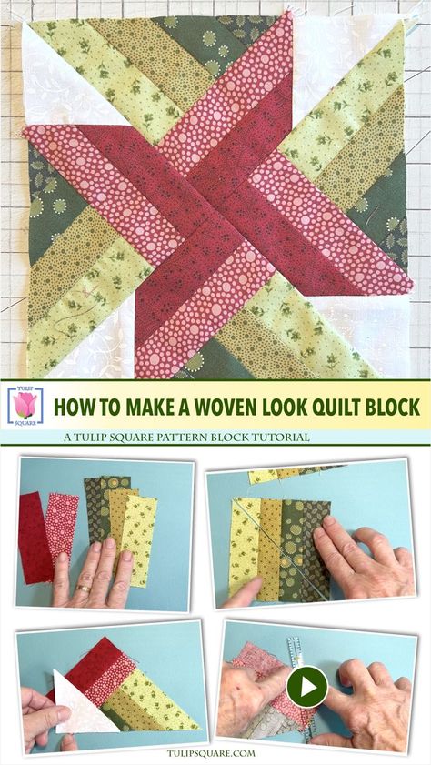 Screen captures from the "How to make a woven look quilt block" video tutorial by Tulip Square. Quilt Block Videos, Quilt Block Hacks, Spin Me Around Quilt Block Tutorial, Woven Quilt Block, Woven Table Runner Pattern, Interlocking Squares Table Runner, Log Cabin Tulip Block, Tulip Square Quilt Block, 3d Pinwheel Quilt Block