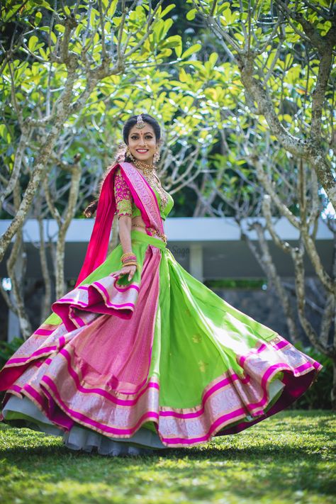 Pretty Lime Green & Pink Pattu Saree For Engagement Ceremony   #bride #indianbride #shaadisaga #allthingsbridal  #bridaloutfit  #lehenga #bridallehenga #lehengagoals  #bridalaccessories #multicolor #southindian #lehengasaree South Indian Bride Saree, Lehenga Saree Design, Half Saree Lehenga, Half Saree Designs, Pink Lehenga, Stylish Blouse Design, Stylish Party Dresses, Lehenga Saree, Elegant Saree