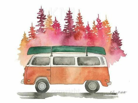 Bus Watercolor, Camper Drawing, Vintage Bus, Painting Forest, Forest Print, Fall Watercolor, Forest Painting, Wallpaper Vintage, Fall Prints