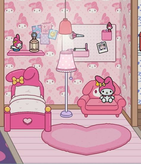 Hello Kitty Room Drawing, Hello Kitty Paper Dolls, My Melody House, Bedroom Template, My Melody Room, Room Hello Kitty, Melody Room, Bedroom Cartoon, Hello Kitty Bedroom