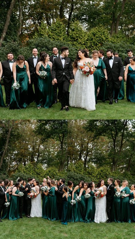 Miriam and Austin's candid bridal party photos, set against the backdrop of Avenir, exude warmth and joy. these authentic moments capture the essence of friendship and celebration, creating lasting memories of their special day. Discover bridal party photos, bridal party photoshoot ideas, bridal party photos green bridal party photos aesthetic and emerald green bridesmaid dresses. Book Bella for your luxury wedding or engagement at bellagaviniphoto.com! Emerald Green Wedding Bridal Party, Emerald Green Bridal Party Color Schemes, Black White And Green Wedding Groomsmen, Silk Emerald Green Bridesmaid Dresses, Hunter Green Bridal Party, Forest Green Bridal Party, Emerald Bridal Party, Forest Green Wedding Party, Uneven Bridal Party Photos