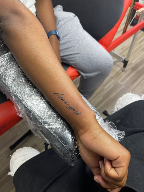 Love Yourz J Cole Tattoo Arm, Love Yourz Tattoo On Arm, Live Yourz Jcole Tattoo, Love Yourz J Cole Tattoo Men, Love Yourz J Cole Tattoo Forearm, More Life Tattoo, Love Yourz J Cole Tattoo Cursive, Writing Arm Tattoo, Sidearm Tattoos For Women