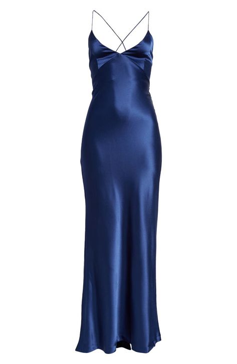 Summon flirty energy in this stunning satin slipdress with a lace-up open back and a drapey detail in the back that looks like an abbreviated train Navy Satin Dress, Cobalt Dress, Silk Prom Dress, Prom Dress Inspo, Lil Black Dress, Blue Silk Dress, Cute Prom Dresses, Pretty Prom Dresses, Grad Dresses