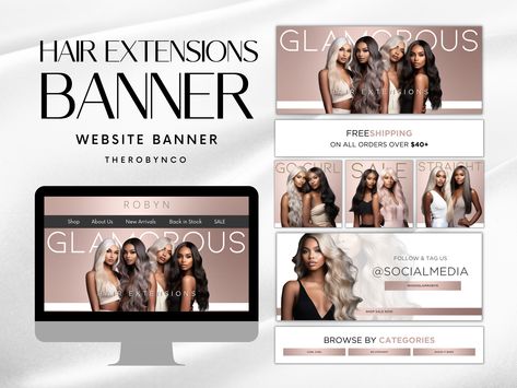 Hair Product Website Design, Wig Website Design, Hair Business Website Design, Hair And Makeup Website Design, Hair Extension Website Design, Hair Website, Website Design Inspiration Layout, Banner Templates, Beauty Logo Design