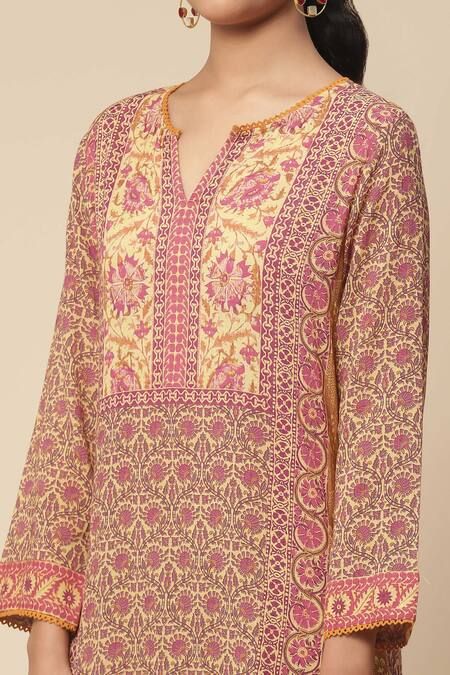 Buy Yellow Viscose Cotton Georgette Printed Mughal Ekka Flower Kurta Set For Women by Aarke Ritu Kumar Online at Aza Fashions. Kurta Set For Women, Ritu Kumar, Border Print, Kurta Set, Pants Pattern, Set For Women, Aza Fashion, Full Sleeve, Flower Prints