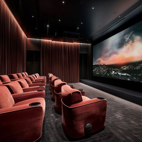 Luxurious private home theater with plush red armchairs and large screen, perfect for the ultimate in-home movie experience. Home Theater Room Design, Theater Room Design, Red Armchair, Home Cinema Room, Home Theater Setup, Backyard Pavilion, Private Home, Home Theater Rooms, Cinema Room