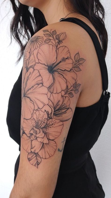 Shoulder Tattoos For Women Hibiscus, Hibiscus Flower Arm Tattoo, Hawaiian Flower Shoulder Tattoo, Hibiscus Tattoo On Shoulder, Hawaiian Flower Tattoos On Shoulder, Flower Shoulder Sleeve Tattoo, Hibiscus Sleeve Tattoo For Women, Hibiscus Flower Tattoos On Thigh, Tropical Flower Shoulder Tattoos For Women