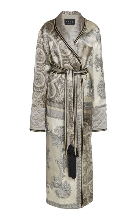 Etro - FW19 | Grey paisley belted satin coat ($4,780) Arabian Outfit, Etro Dress, Elegant Fashion Outfits, Satin Coat, Modern Kimono, Kimono Outfit, Satin Blazer, Satin Jacket, Satin Jackets