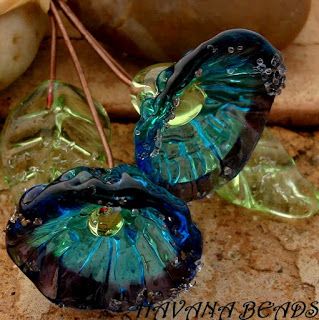 Aqua And Lavender, Lampwork Bead Jewelry, Two Flowers, Transparent Flowers, Lampwork Jewelry, Polymer Beads, Glass Jewellery, Silver Sparkle, Gorgeous Glass