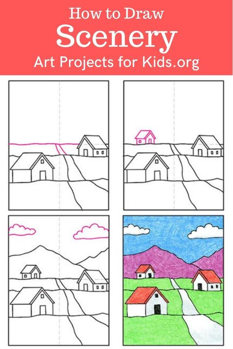 Learn how to draw Scenery with an easy step-by-step PDF tutorial. #howtodraw #tutorial #drawing #drawingtutorial #arttutorial #artprojectsforkids #howtodrawforkids #drawscenery Whimsical Art Tutorial, Simple Landscape Drawing, Simple Bird Drawing, Landscape Drawing Easy, Drawing Scenery, Teaching Drawing, Scene Drawing, Drawing Lessons For Kids, Perspective Art