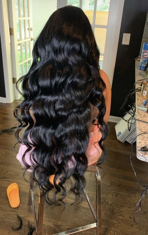 Long Wand Curls, Long Black Mermaid Hair, Long Black Crimped Hair, Long Black Curled Hair, Black Curled Hair, Wavey Hair Styles Long, Curled Black Hair, Long Black Curls, 26 Inch Hair Extensions