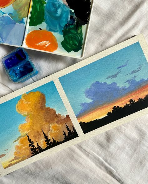 Silhouettes are my thing ✨🌻 Used @miyahimi.in gouache paints from @thoovi.arts Worked on @menorahcreatif sketchbook [ easy gouache painting, clouds illustration, sky painting, easy clouds painting, aesthetic sky painting, gouache painting, cloudscape, #gouachepainting #gouachepaint #gouacheillustration #gouachelandscape #silhouette #shilhouetteart ] Clouds Painting Aesthetic, Sky Painting Easy, Easy Gouache Painting, Sketchbook Easy, Easy Gouache, Clouds Illustration, Clouds Painting, Painting Clouds, Gouache Paints